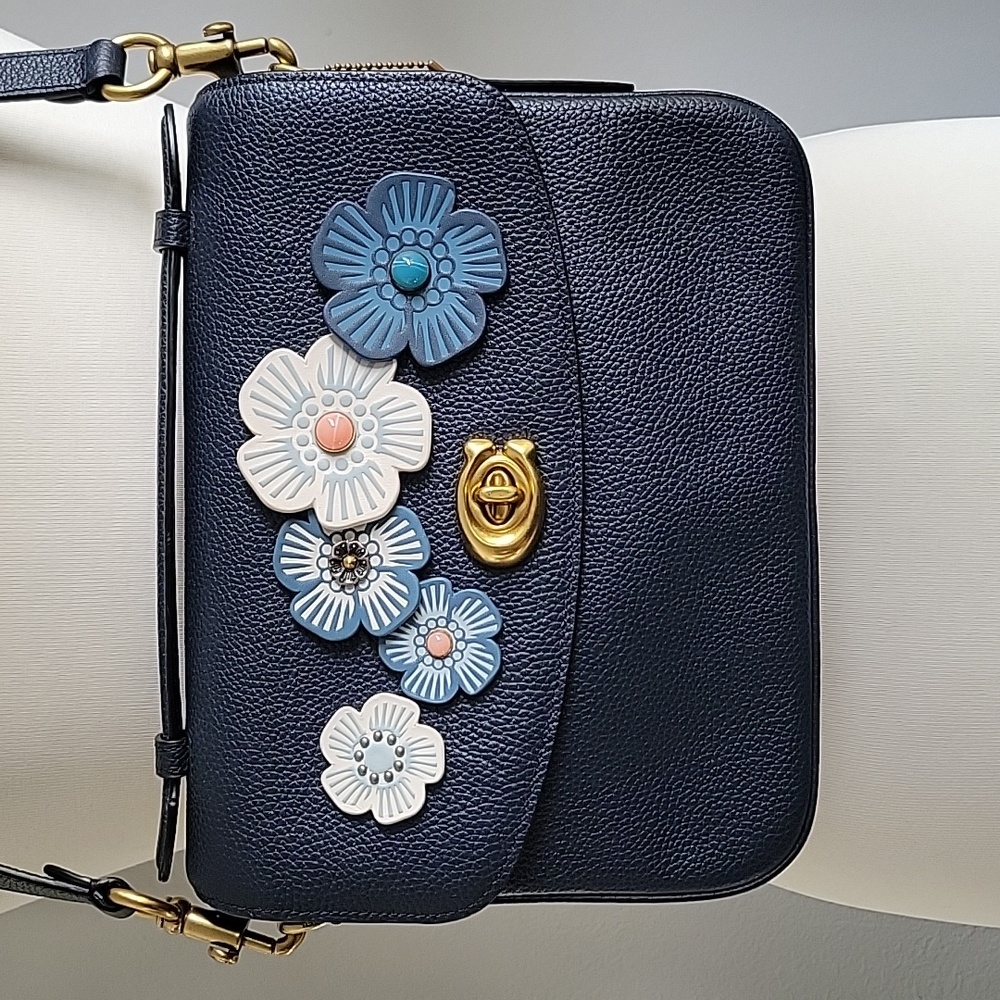 Navy Floral Appliqué Leather Shoulder Bag